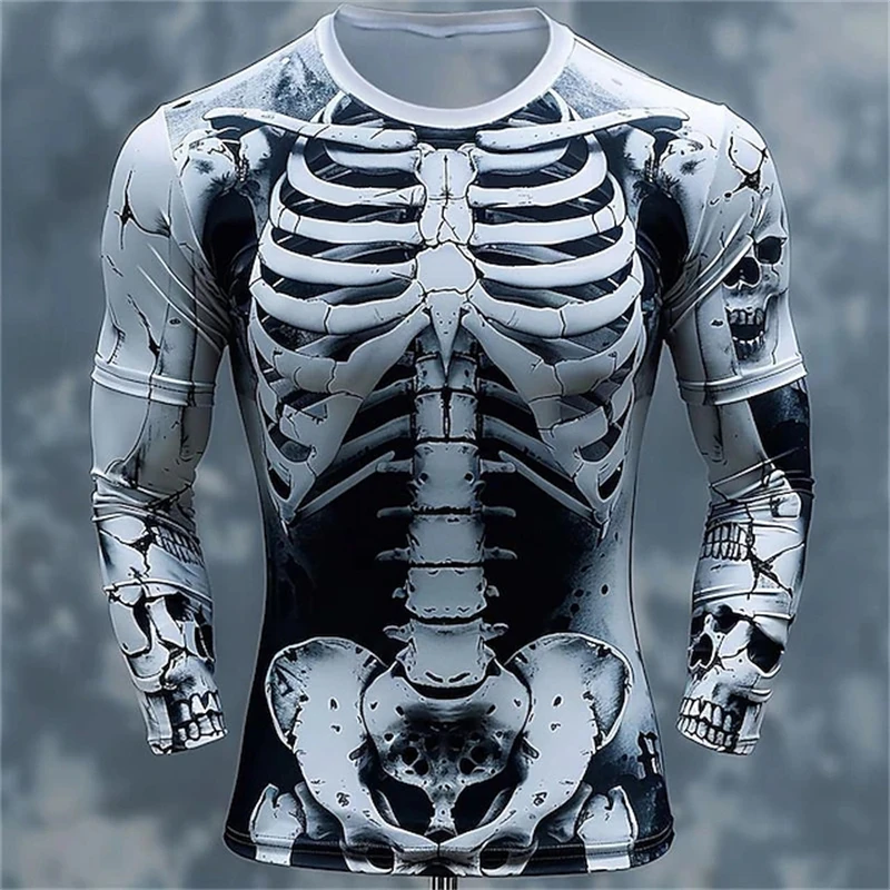 3D Printing Custom - 3Dプリントの骸骨柄Tシャツ。メンズ用、長袖、カジュアルファッション、トップス、スウェットシャツ、通気性に優れたストリートウェア、ゆったりとしたデザイン。