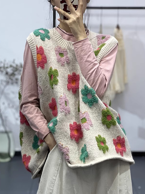 3D Printing Nylon - かわいい3Dプリントニットベスト、ゆったりとしたラウンドネック、ナイロンコットン素材、女性用セーター、花柄、カジュアルで快適なフィット感、保温性あり