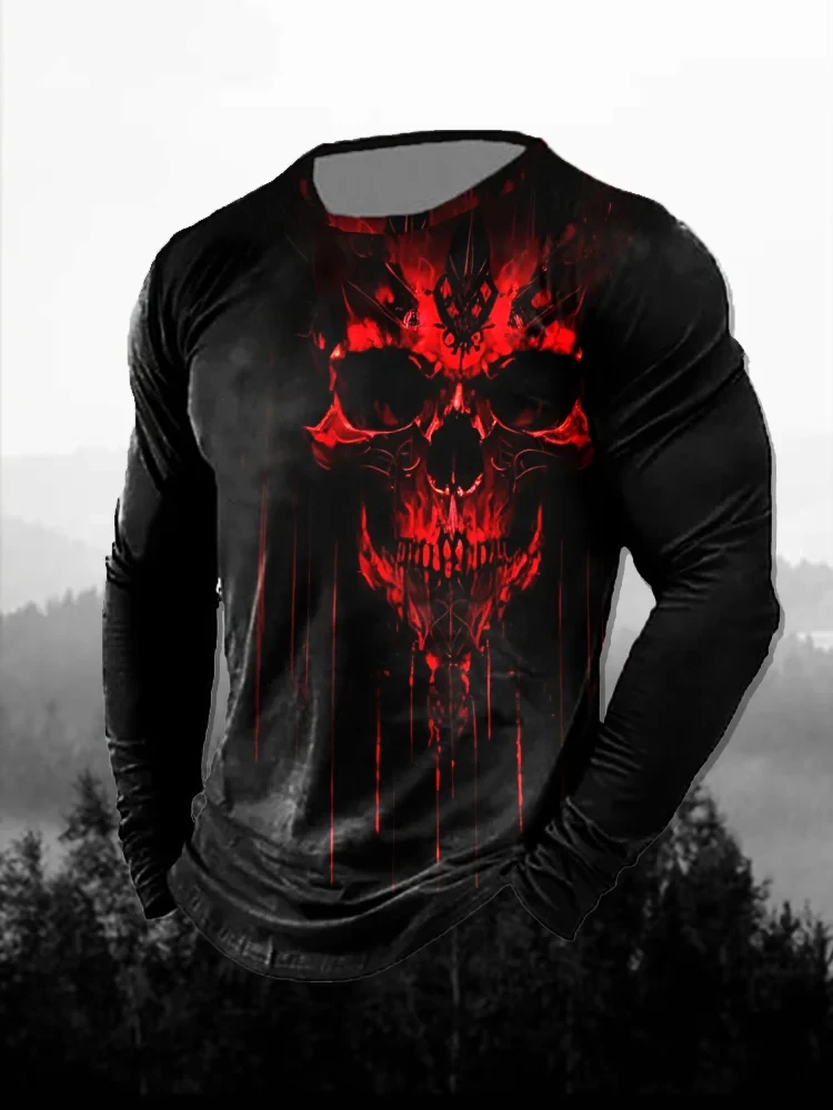 メンズ 3Dプリント 赤いダークスカル柄 長袖Tシャツ ゴシ - 3D Printing Custom のレビューと価格